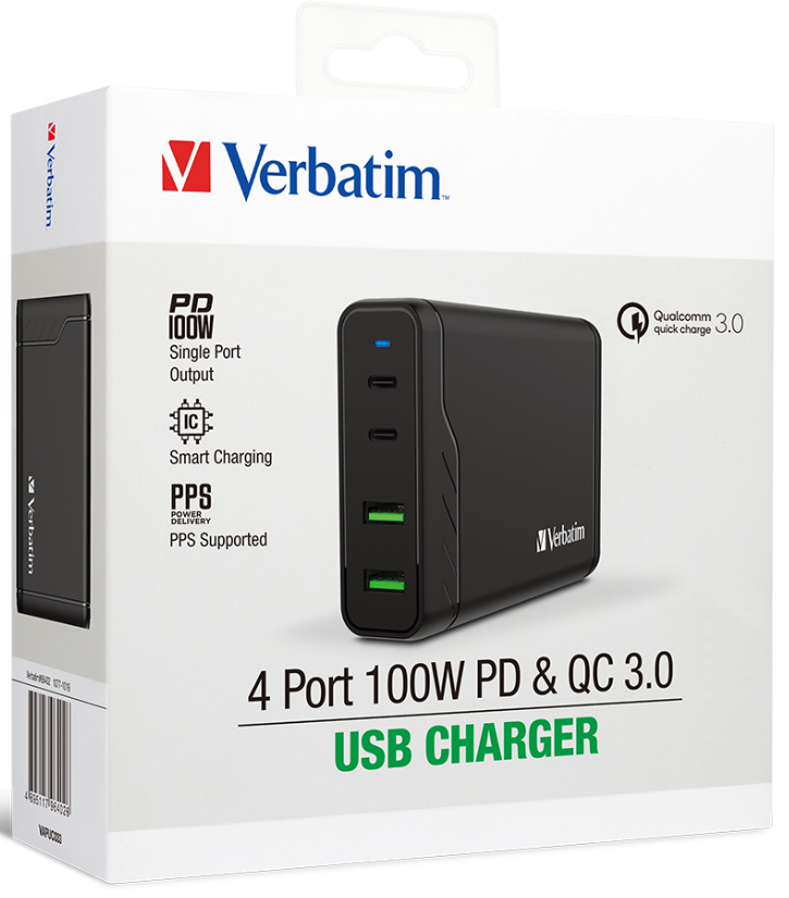 Verbatim 4 Port 100W PD & QC 3.0 USB Charger (AC Power Cord , #66402)