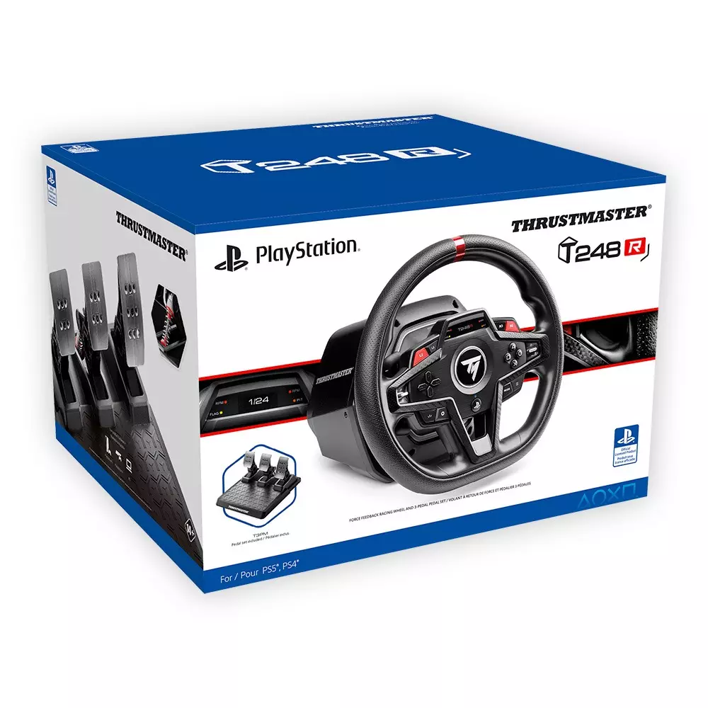 Thrustmaster T248R 賽車方向盤套裝 (3.1 Nm混合驅動基座, Mag-Shift換檔撥片, T3PM三腳踏套裝, 彩色LCD顯示器, 桌面夾具, PS4/PS5/PC, 4160879)