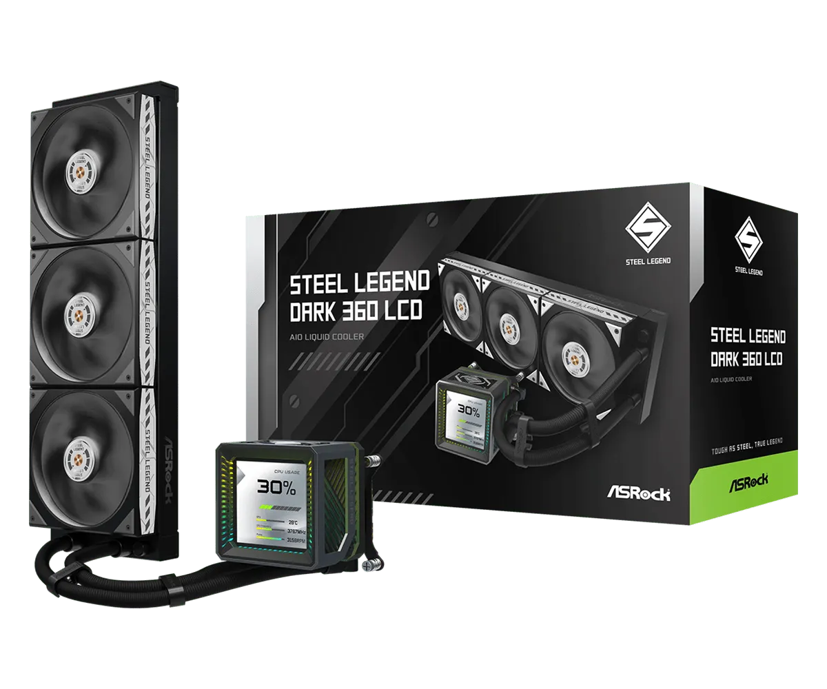 ASRock華擎 Steel Legend Dark 360 LCD AIO CPU Liquid Cooler (黑色, 360mm, 3.4