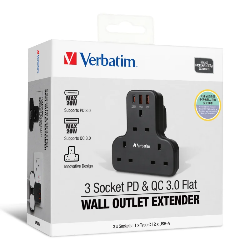 Verbatim 3 Socket PD & QC 3.0 Flat Wall Outlet Extender T型擴充電源插座 (#66848)