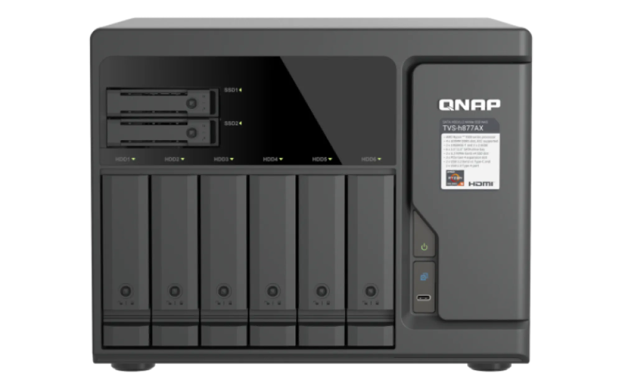 QNAP TVS-h877AX-R5-16G 8 bay NAS (AMD Ryzen 5 7000系列 6核心/12執行緒處理器,最高達5.1 GHz, 16GB UDIMM DDR5, M.2 2280 Gen4 Slot x3, 2.5GbE x2, 10GbE x2, Type-C USB3.2 Gen2 10Gbps x2)
