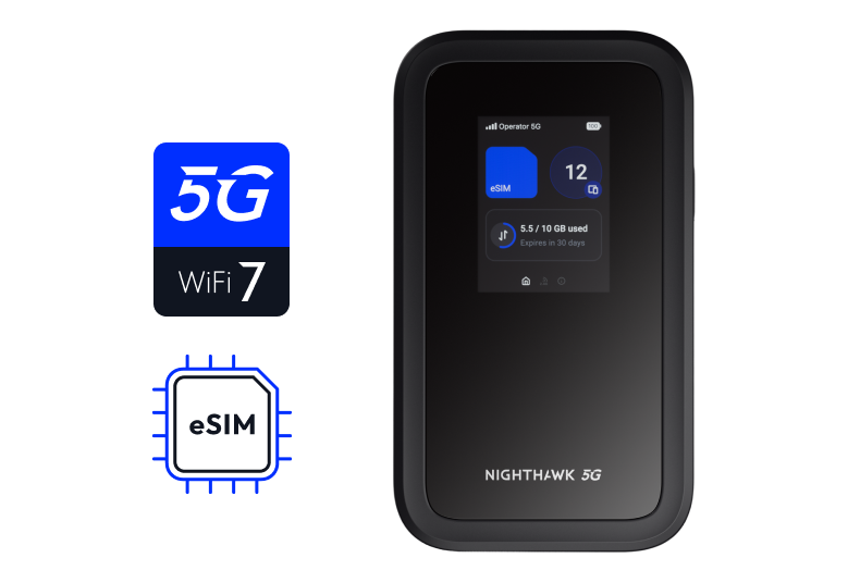 Netgear Nighthawk 5G M7 MH7150 Portable WiFi7 Hotspot with eSIM (WiFi7 BE3600, 2.4”Color Screen, eSIM + SIM, 2Gbps USB-C)