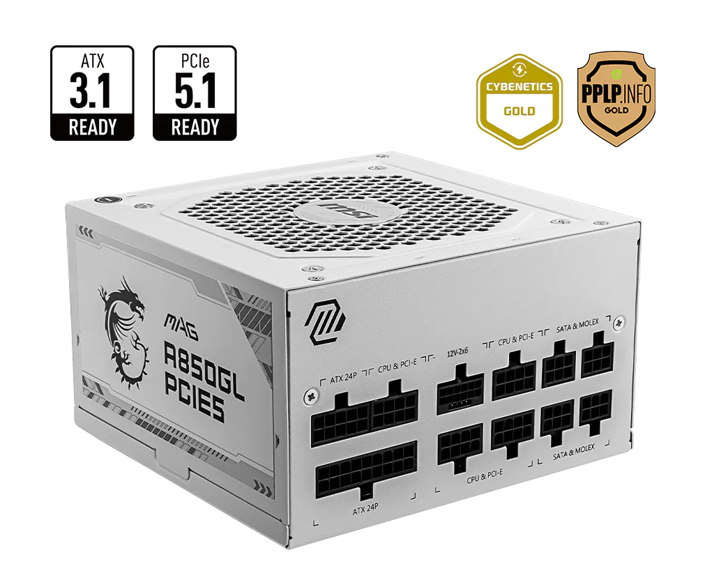 MSI微星 MAG A850GL-W 白色 PCIE5 ATX3.1 850W 80PLUS Gold ATX Full Modular Power Supply 80PLUS 金牌(PS-MAA85GW, 7yr warranty)