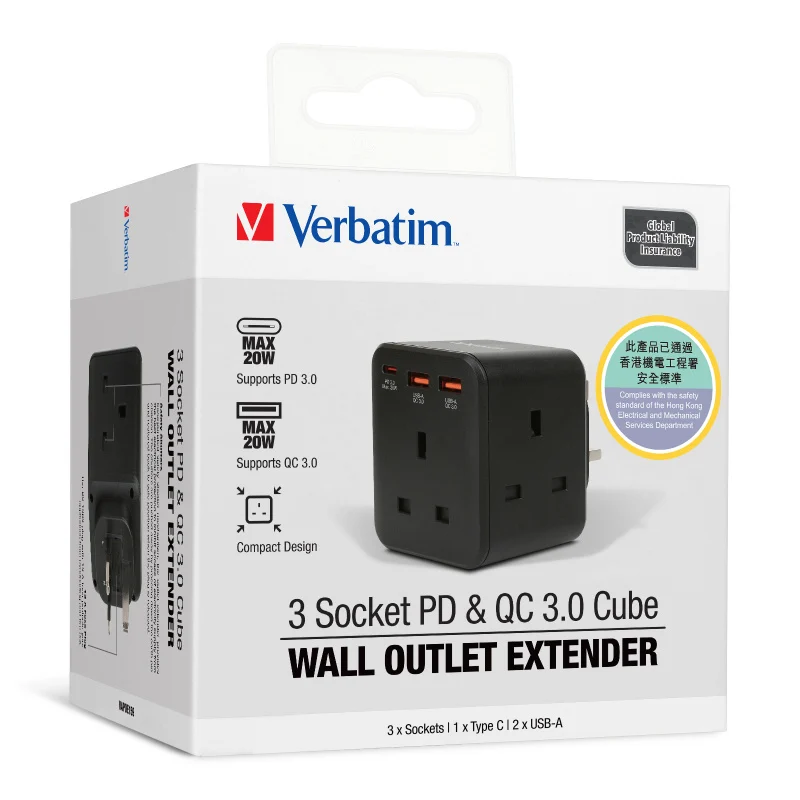Verbatim 3 Socket PD & QC 3.0 Cube Wall Outlet Extender (#66849)