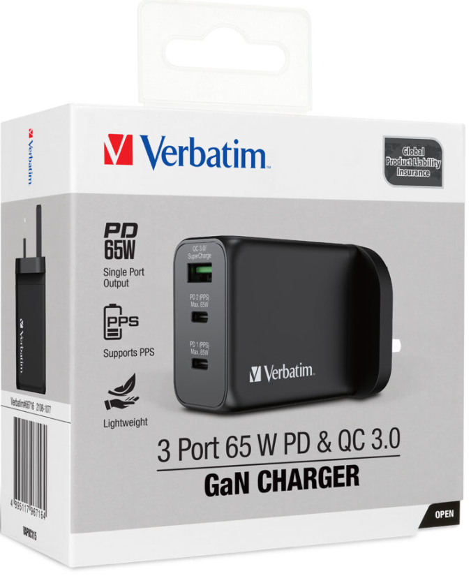 Verbatim 3 Port 65W PD 3.0 & QC 3.0 GaN Charger (#66716)