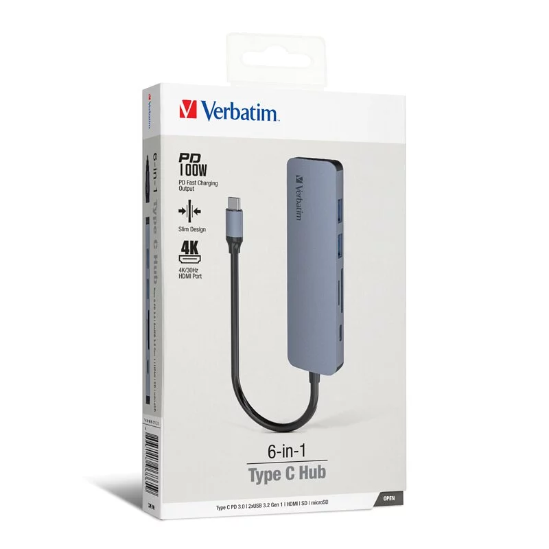 Verbatim 6-in-1 Type C Hub (PD 100W, 2xUSB3.2Gen1,HDMI 4K/30Hz,SD/MicroSD card reader #66865